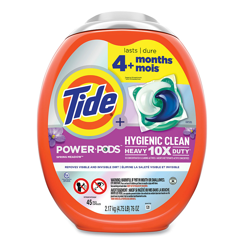 Tide Hygienic Clean Heavy 10x Duty Power Pods, Fresh Meadow Scent, 76 oz Tub, 45 Pods, 4/Carton (PGC09493)