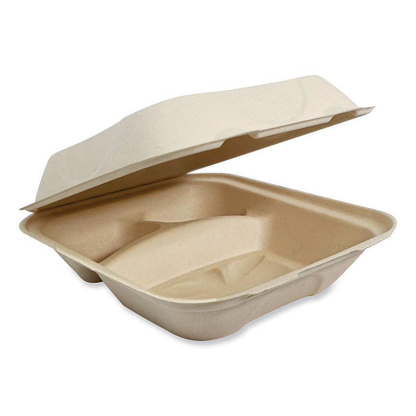 World Centric Fiber Hinged Containers, 3-Compartment, 8.8 x 8.2 x 2.9, Natural, Paper, 300/Carton (WORTOSCU8TLFP)