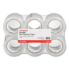 Universal Deluxe General-Purpose Acrylic Box Sealing Tape, 3" Core, 1.88" x 109 yds, Clear, 12/Pack (UNV66100)