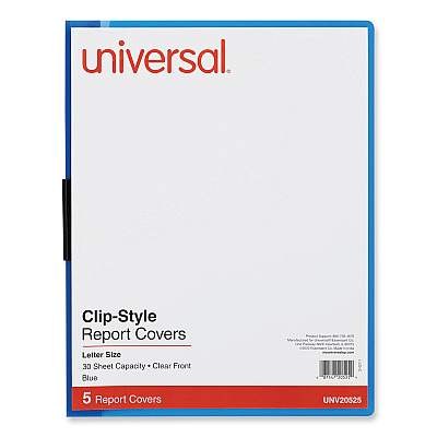 Universal Clip-Style Report Cover, Clip Fastener, 8.5 x 11, Clear/Blue, 5/Pack (UNV20525)