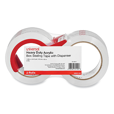 Universal Heavy-Duty Acrylic Box Sealing Tape with Dispenser, 3" Core, 1.88" x 54.6 yds, Clear, 2/Pack (UNV31102)