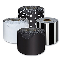 Carson-Dellosa Education Rolled Scalloped Border Set, (2) Solid Colors, (1) Horizontal Stripes, (1) Polka Dots, 2.25" x 65 ft, Assorted Colors, 4/Set (CDP145299)