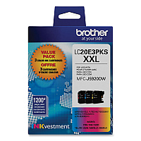 Brother LC20E3PKS Super High-Yield Ink, 1,200 Page-Yield, Cyan/Magenta/Yellow, 3/Pack