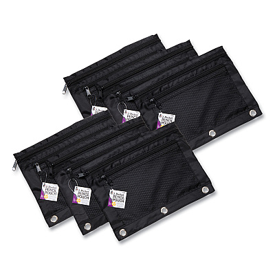 Charles Leonard Two-Pocket Binder-Insertable Pencil Pouch with Mesh Front, 11 x 9, Black, 6/Pack (LEO76356)