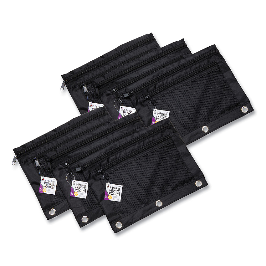 Charles Leonard Two-Pocket Binder-Insertable Pencil Pouch with Mesh Front, 11 x 9, Black, 6/Pack (LEO76356)