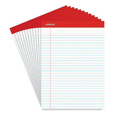 Universal Perforated Ruled Writing Pads, Wide/Legal Rule, Red Headband, 50 White 8.5 x 11.75 Sheets, Dozen (UNV20630)