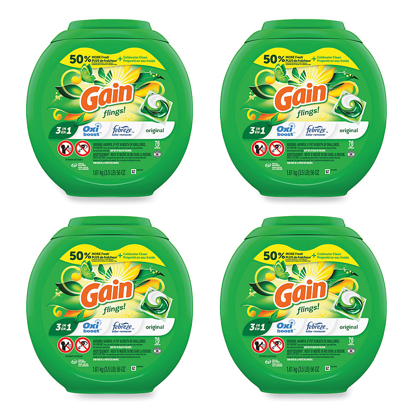 Gain Flings Detergent Pods, Original, 76 Pods/Tub, 4 Tubs/Carton (PGC09207CT)