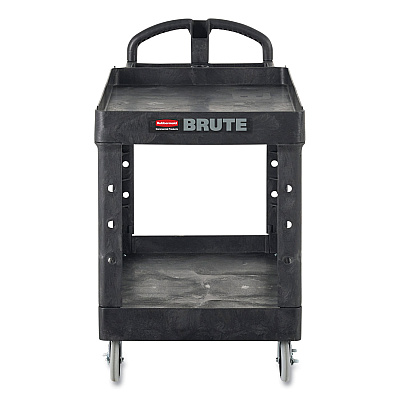 Rubbermaid Commercial BRUTE Heavy-Duty Utility Cart with Lipped Shelves, Plastic, 2 Shelves, 750 lb Capacity, 26" x 55" x 33.25", Black (RCP4546BLA)