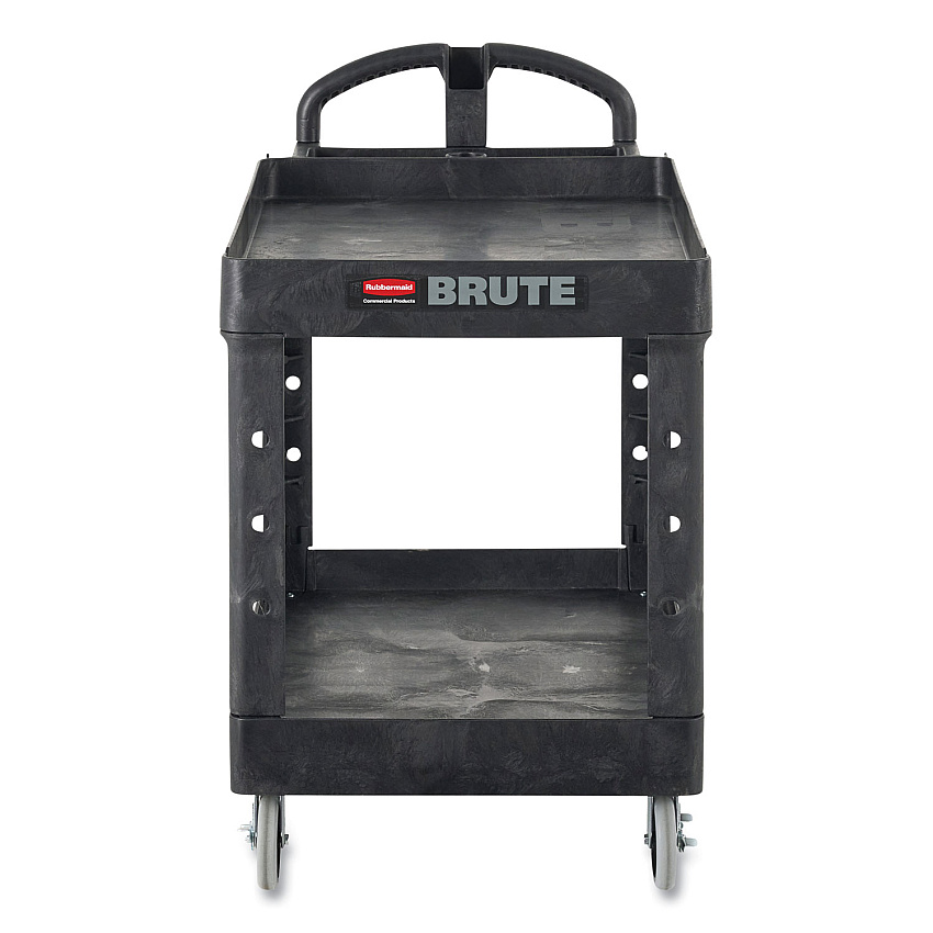 Rubbermaid Commercial BRUTE Heavy-Duty Utility Cart with Lipped Shelves, Plastic, 2 Shelves, 750 lb Capacity, 26" x 55" x 33.25", Black (RCP4546BLA)