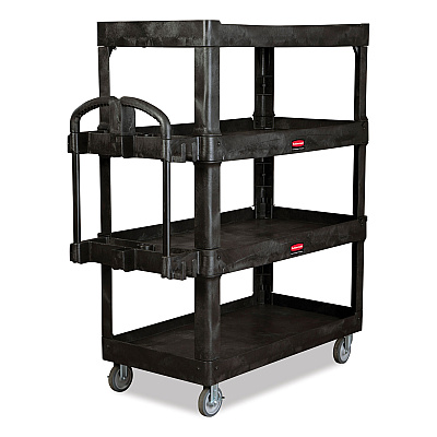 Rubbermaid Commercial BRUTE Heavy-Duty Ergo Utility Cart, Plastic, 4 Shelves, 700 lb Capacity, 24.35" x 54.1" x 62.4", Black (RCP2128657)