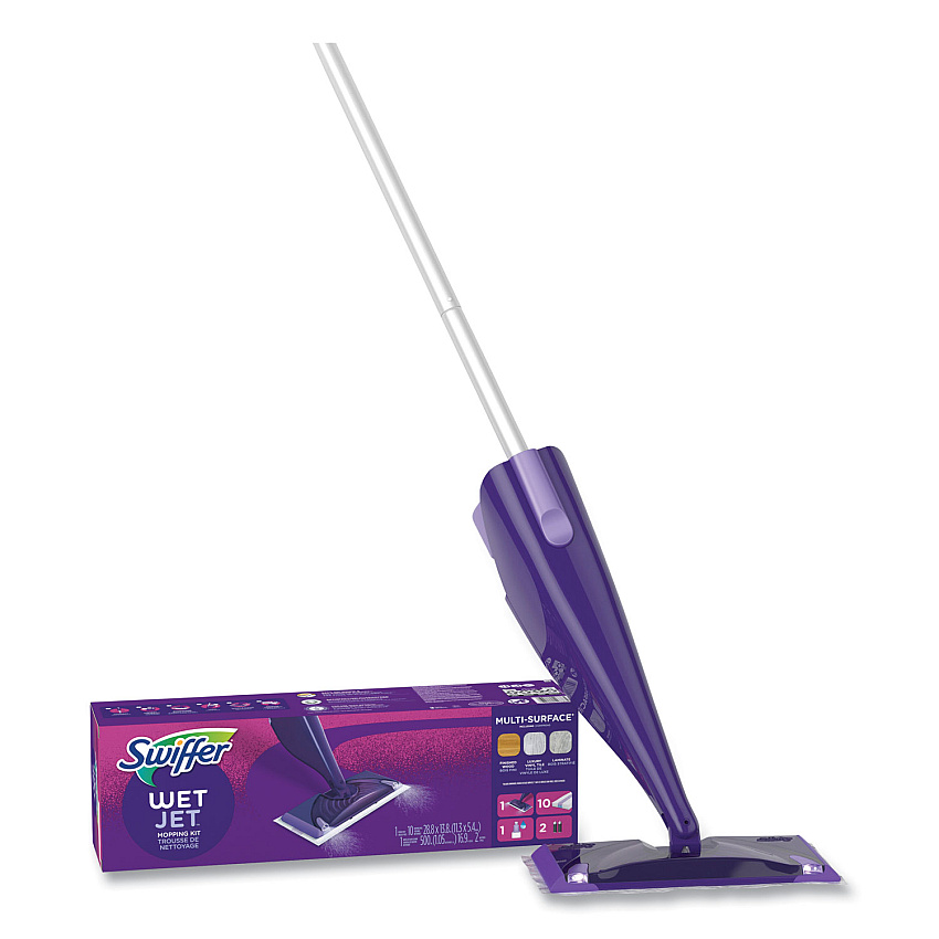 Swiffer WetJet Mop Starter Kit with 10 Pads and 1 Cleaner, 11.3 x 5.4 Head, Silver Handle (PGC49886)