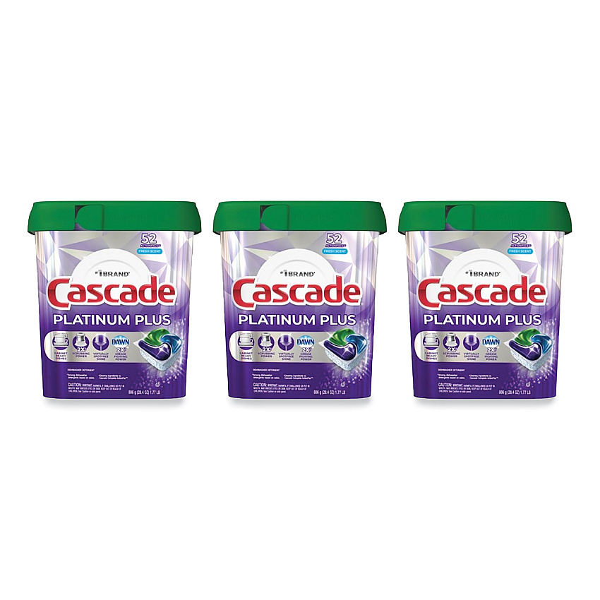Cascade Platinum Plus ActionPacs Dishwasher Detergent Pods, Fresh Scent, 28.4 oz Tub, 52/Tub, 3 Tubs/Carton (PGC06156)