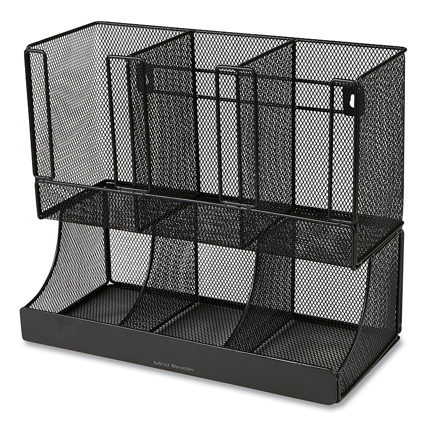 Mind Reader Network Collection 2-Tier 6-Compartment Coffee Cup and Condiment Countertop Organizer, 5 x 13 x 11.5, Black (EMSUPMESHBLK)