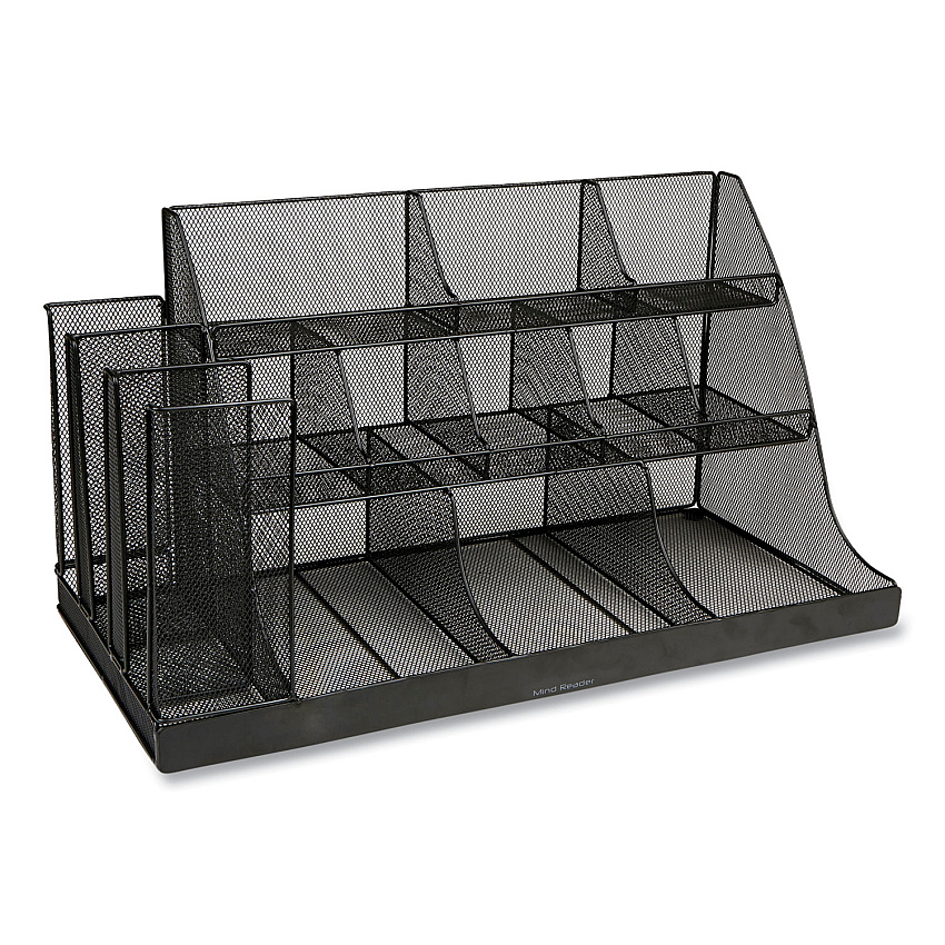 Mind Reader Network Collection 14-Compartment Coffee Cup and Condiment Countertop Organizer, 11.61 x 23.9 x 12.76, Black (EMSCMG2MESHBLK)