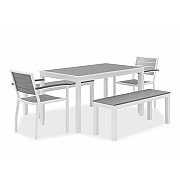 KFI Studios Eveleen Outdoor Dining Table Set, 55" x 35" x 29" Rectangular Table, 2 Benches, 2 Armchairs, Gray/White (840031918437)