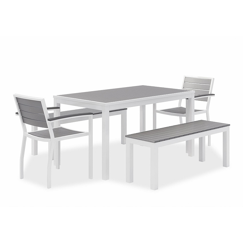 KFI Studios Eveleen Outdoor Dining Table Set, 55" x 35" x 29" Rectangular Table, 2 Benches, 2 Armchairs, Gray/White (840031918437)