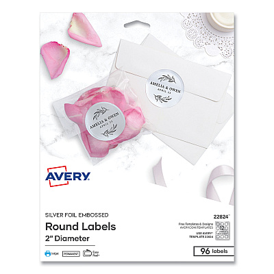 Avery Round Labels, Inkjet Printers, 2" dia, Silver, 12/Sheet, 8 Sheets/Pack (AVE22824)
