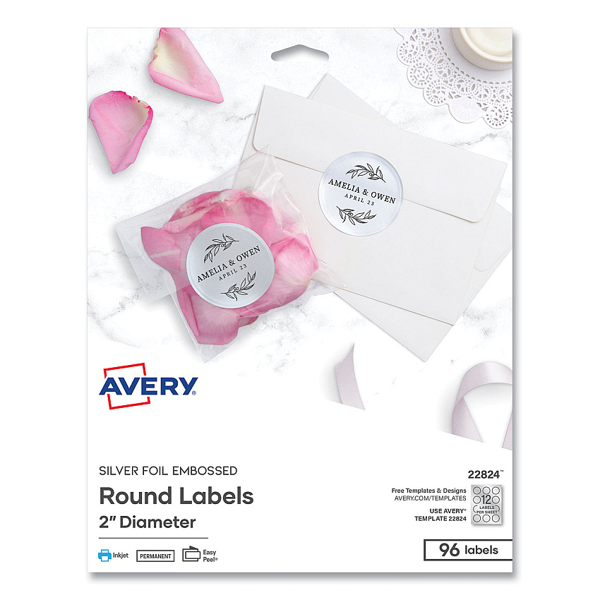 Avery Round Labels, Inkjet Printers, 2" dia, Silver, 12/Sheet, 8 Sheets/Pack (AVE22824)