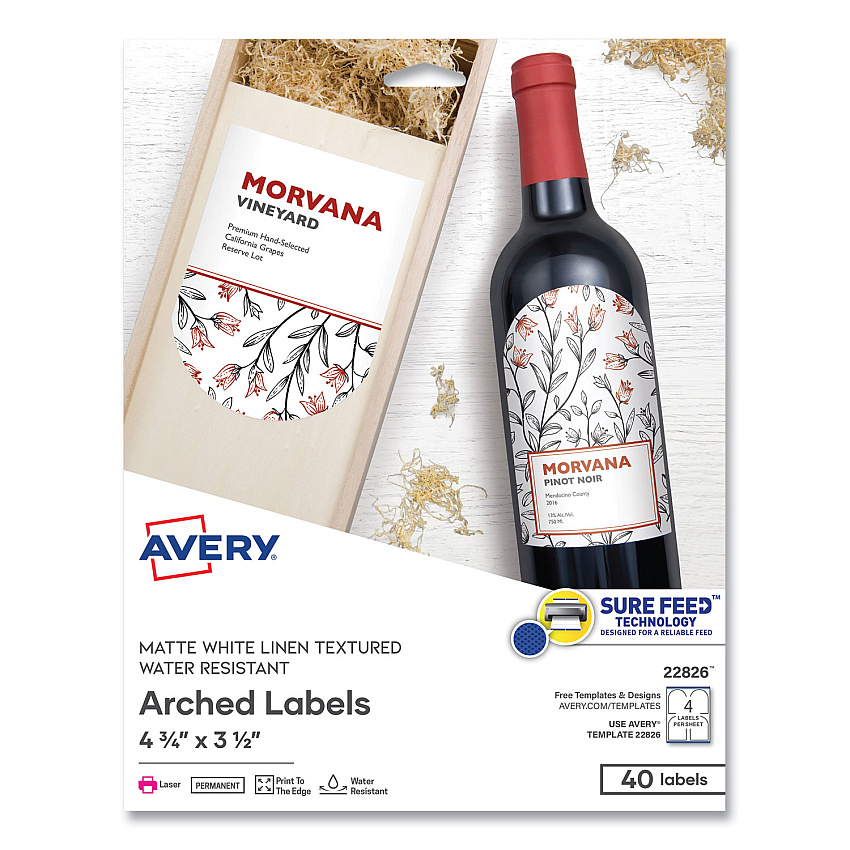Avery Textured Arched Print-to-the-Edge Labels, Laser Printers, 4.75 x 3.5, White, 4/Sheet, 10 Sheets/Pack (AVE22826)