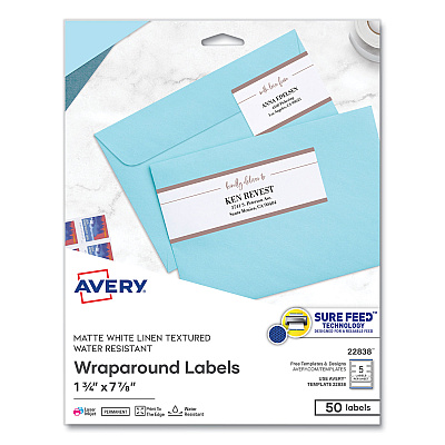 Avery Rectangle Labels, Inkjet/Laser Printers, 7.85 x 1.75, Textured White, 5/Sheet, 10 Sheets/Pack (AVE22838)
