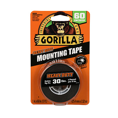 Gorilla Heavy Duty Mounting Tape, Permanent, Holds Up to 30 lbs, 1" x 60", Black (GOR6055002)