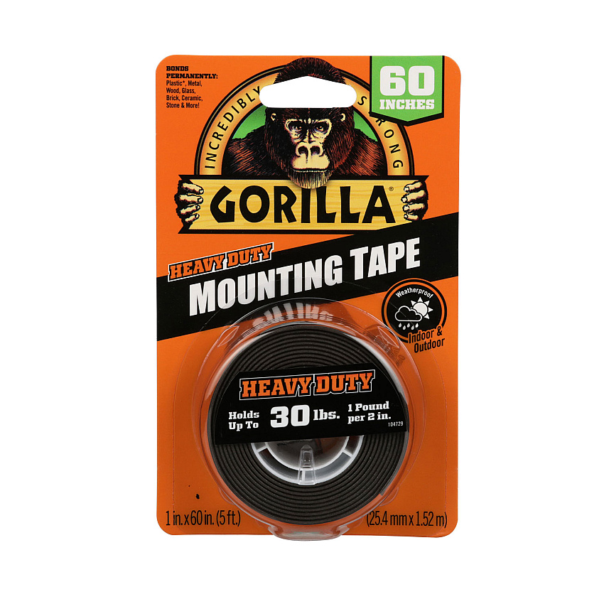 Gorilla Heavy Duty Mounting Tape, Permanent, Holds Up to 30 lbs, 1" x 60", Black (GOR6055002)