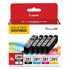 Canon 2021C007 (CLI-281; PGI-280 XL) ChromaLife100+ Ink, Black XL/Black/Cyan/Magenta/Yellow, 5/Pack