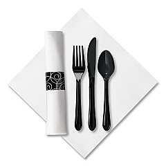 Hoffmaster CaterWrap Heavyweight Cutlery Combo, Fork/Spoon/Knife/Napkin, Black, 100/Carton (HFM119971)