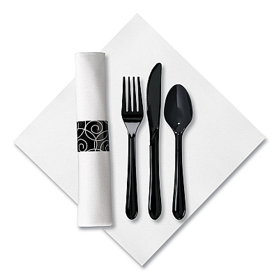 Hoffmaster CaterWrap Heavyweight Cutlery Combo, Fork/Spoon/Knife/Napkin, Black, 100/Carton (HFM119971)