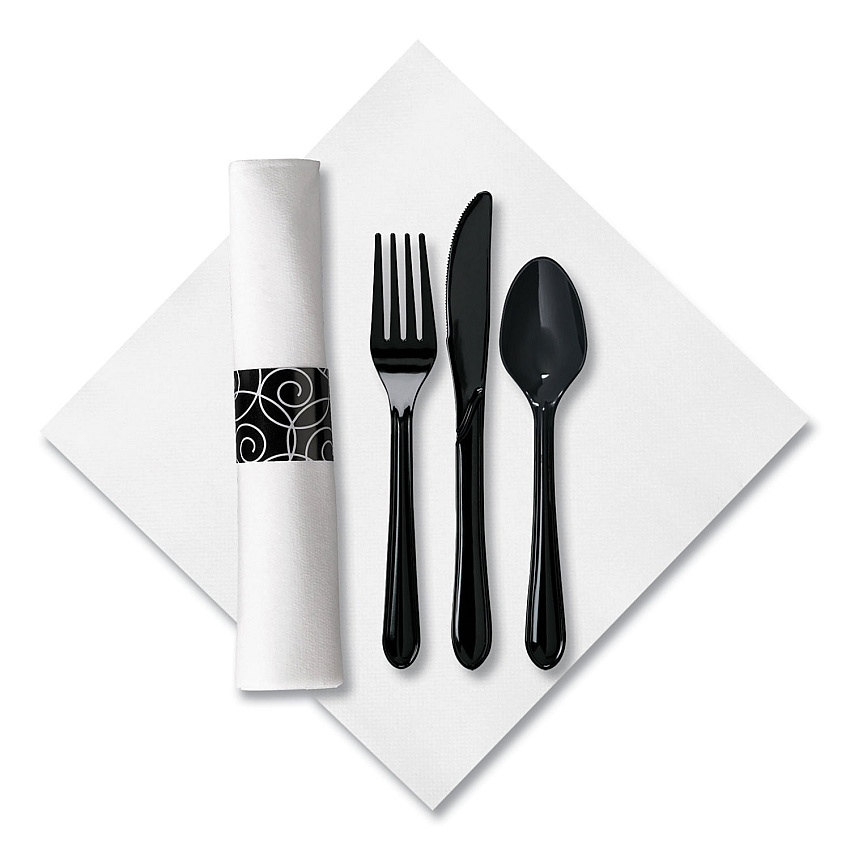Hoffmaster CaterWrap Heavyweight Cutlery Combo, Fork/Spoon/Knife/Napkin, Black, 100/Carton (HFM119971)