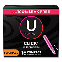U by U by U by Kotex Click Compact Tampons, Super Plus Absorbency, 16/Pack, 8 Packs/Carton (KCC51582)