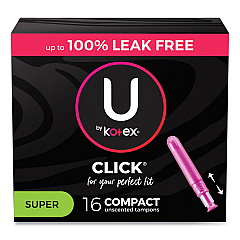 U by U by U by Kotex Click Compact Tampons, Super Absorbency, 16/Pack, 8 Packs/Carton (KCC51581)