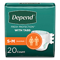 Depend Incontinence Protection with Tabs, Small/Medium, 19" to 34" Waist, 20/Pack, 3 Packs/Carton (KCC35456)