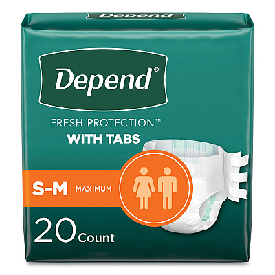 Depend Incontinence Protection with Tabs, Small/Medium, 19" to 34" Waist, 20/Pack, 3 Packs/Carton (KCC35456)