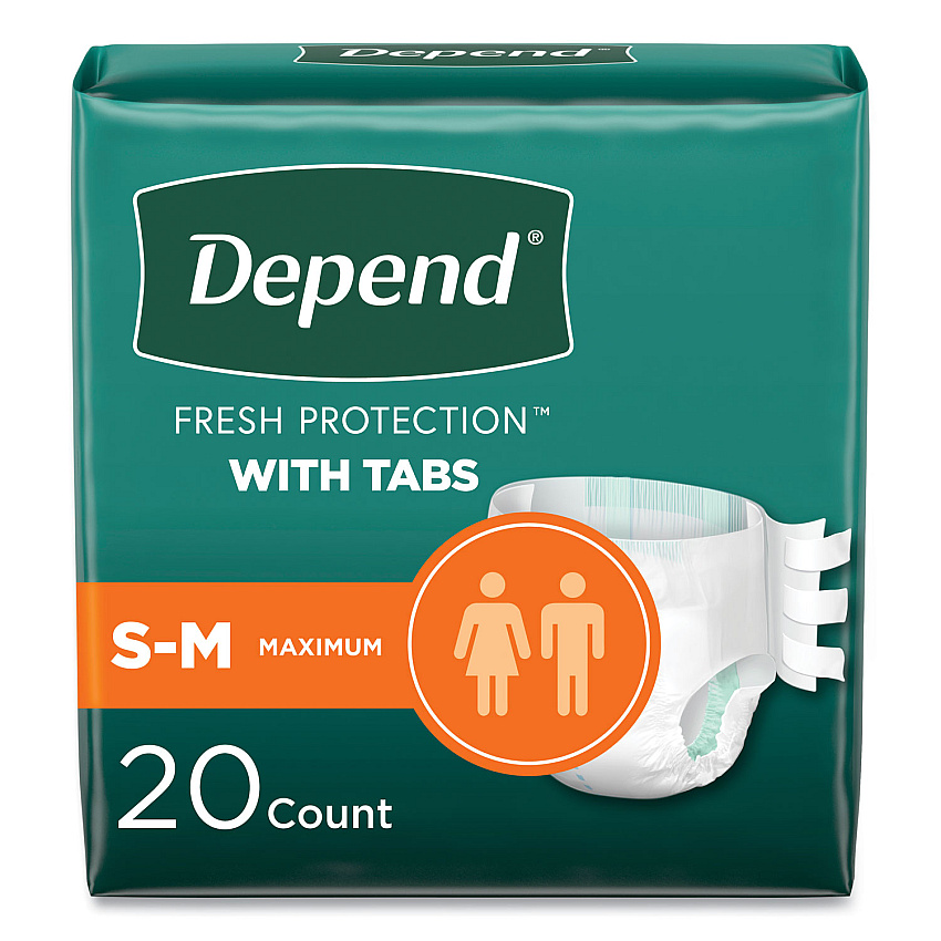 Depend Incontinence Protection with Tabs, Small/Medium, 19" to 34" Waist, 20/Pack, 3 Packs/Carton (KCC35456)