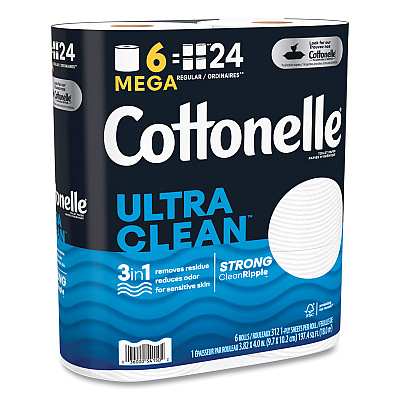 Cottonelle Ultra CleanCare Toilet Paper, Strong Tissue, Mega Rolls, Septic Safe, 1-Ply, White, 284/Roll, 6 Rolls/Pack, 36 Rolls/Carton (KCC55699)