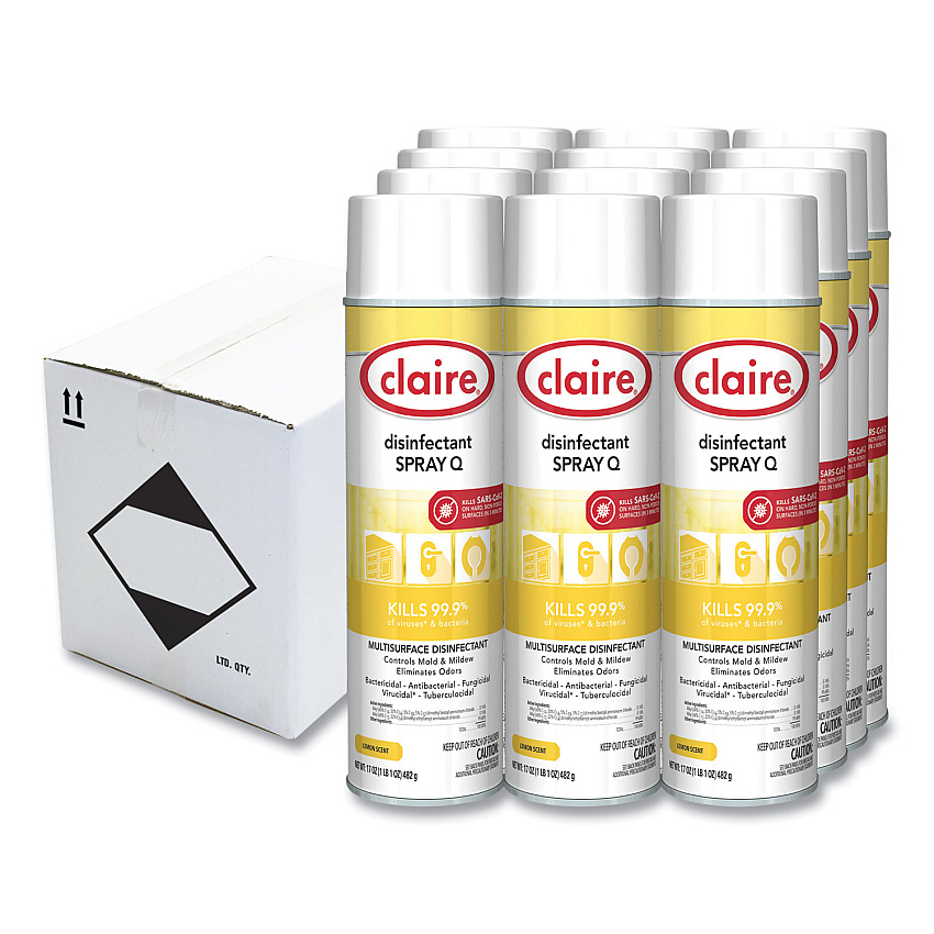 Claire Spray Q Disinfectant, Lemon Scent, 17 oz Aerosol Spray, Dozen (CGC1002)