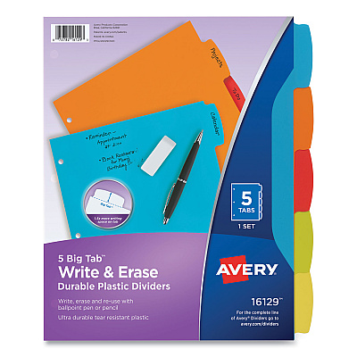 Avery Big Tab Write and Erase Durable Plastic Dividers, 5-Tab, 11 x 8.5, Assorted, 1 Set (AVE16129)