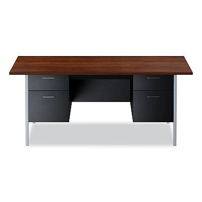 Alera Double Pedestal Steel Desk, 72" x 36" x 29.5", Mocha/Black, Chrome-Plated Legs (ALESD7236BM)
