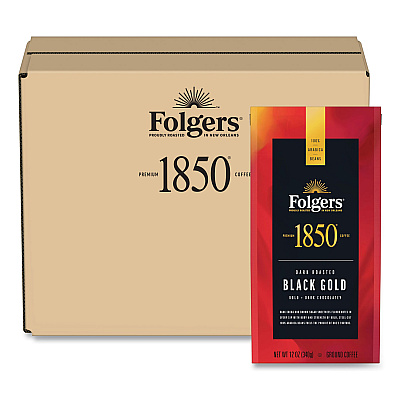 1850 Coffee, Black Gold, Dark Roast, Ground, 12 oz Bag, 6/Carton (FOL60516)