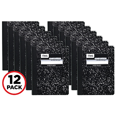 Mead Square Deal Composition Book, 3-Subject, Wide/Legal Rule, Black Cover, (100) 9.75 x 7.5 Sheets, 12/Pack (MEA72936)