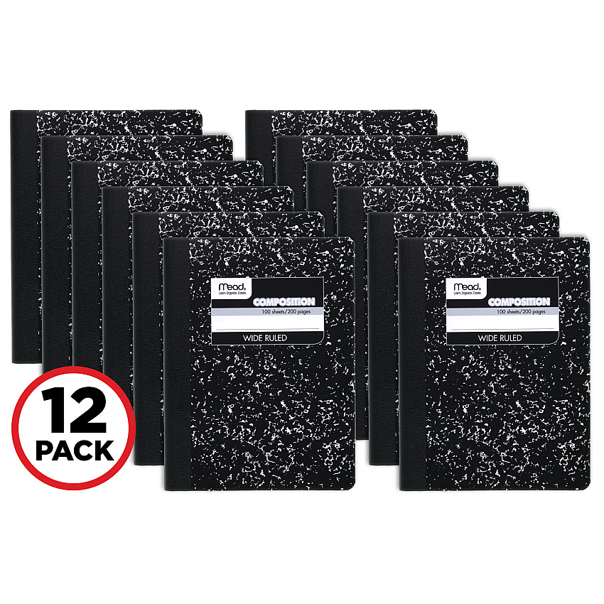 Mead Square Deal Composition Book, 3-Subject, Wide/Legal Rule, Black Cover, (100) 9.75 x 7.5 Sheets, 12/Pack (MEA72936)
