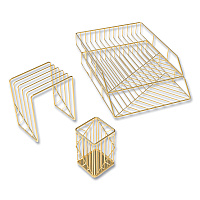 U Brands Vena Desktop Organization Kit, 8 Compartments, Letter Sorter, Paper Tray, Pencil Cup, Gold, Metal (UBR3940U0001)