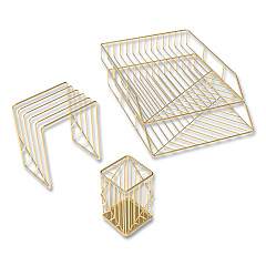 U Brands Vena Desktop Organization Kit, 8 Compartments, Letter Sorter, Paper Tray, Pencil Cup, Gold, Metal (UBR3940U0001)