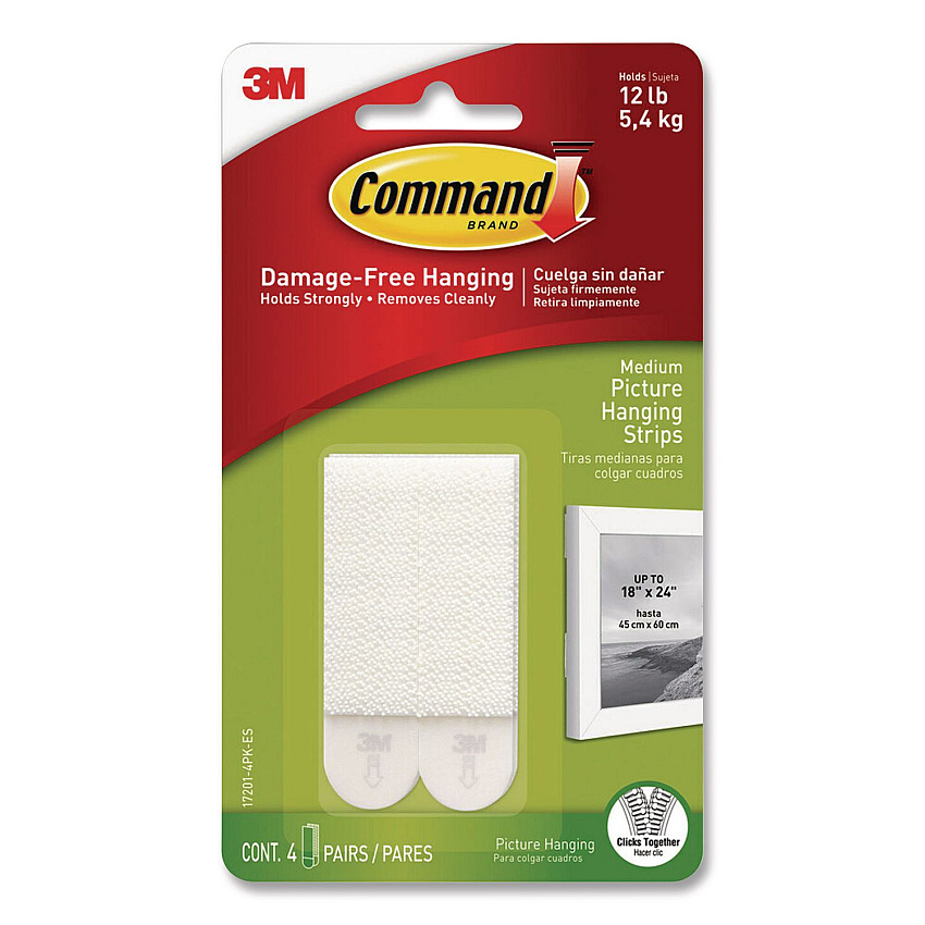 Command Damage-Free Hanging Picture Hanging Strip Pairs, Holds Up to 2.5 lb, Medium: 0.75" x 2.75", 4/Pack (70006903648)