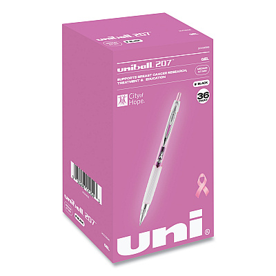 uniball 207 Office Pack Gel Pen, Retractable, Medium 0.7 mm, Black Ink, Pink/Translucent White Barrel, 36/Pack (UBC2003896)