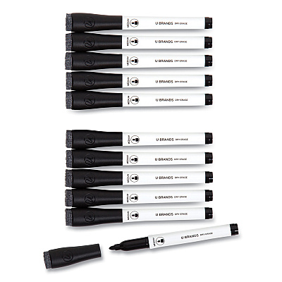 U Brands Medium Point Low-Odor Dry-Erase Markers with Erasers, Medium Bullet Tip, Black, Dozen (UBR2922U0012)