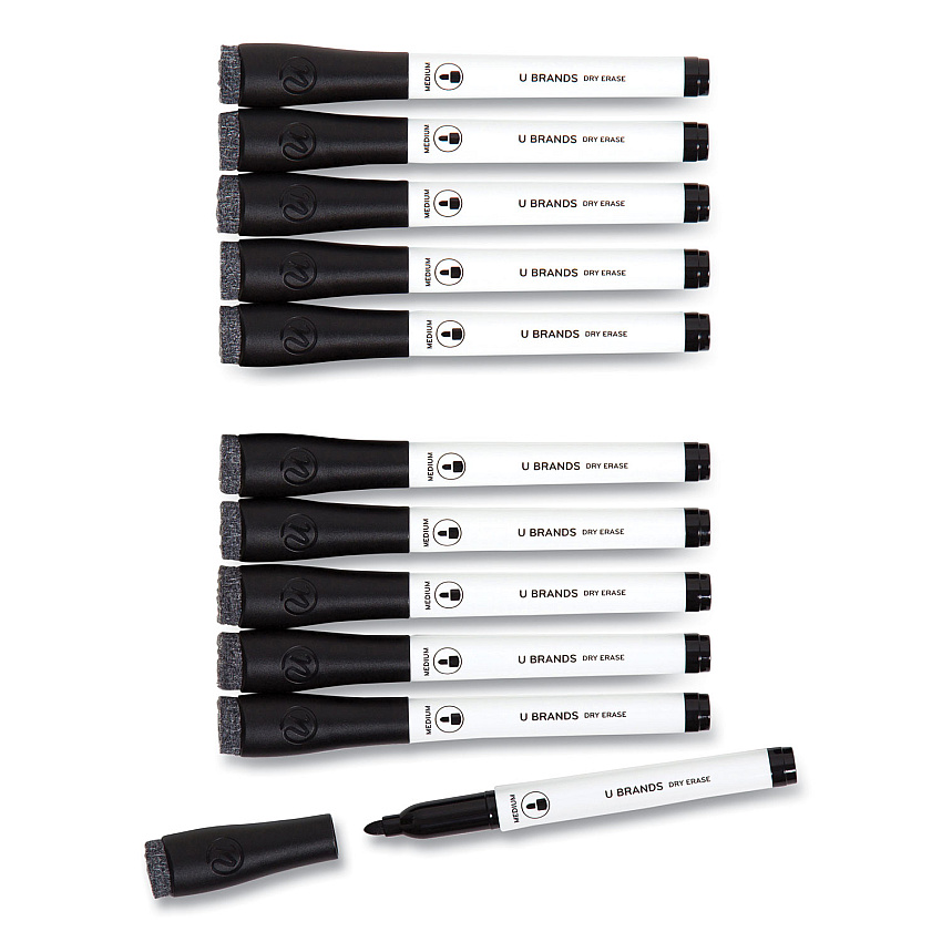 U Brands Medium Point Low-Odor Dry-Erase Markers with Erasers, Medium Bullet Tip, Black, Dozen (UBR2922U0012)