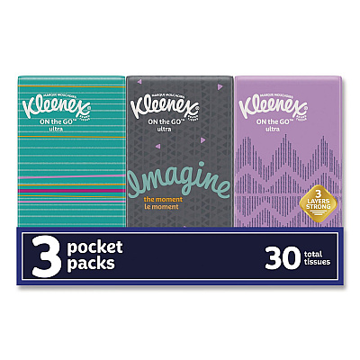 Kleenex On The Go Packs Facial Tissues, 3-Ply, White, 10 Sheets/Pouch, 3 Pouches/Pack, 36 Packs/Carton (KCC11976)