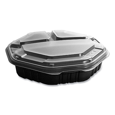 Solo OctaView Hinged-Lid Hot Food Containers, 3-Compartment, 38 oz, 9.55 x 9.1 x 2.4, Black/Clear, Plastic, 100/Carton (SCC809014PP94)